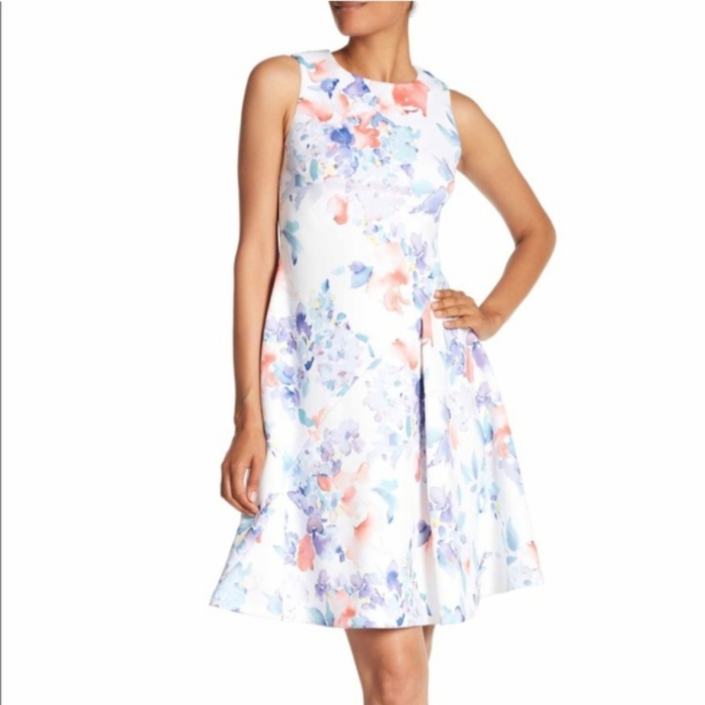 Calvin Klein White Floral Midi Dress with Coral and Lavender Accents